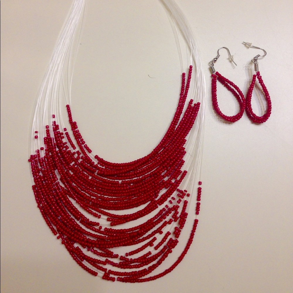 Red beaded necklace and earrings set